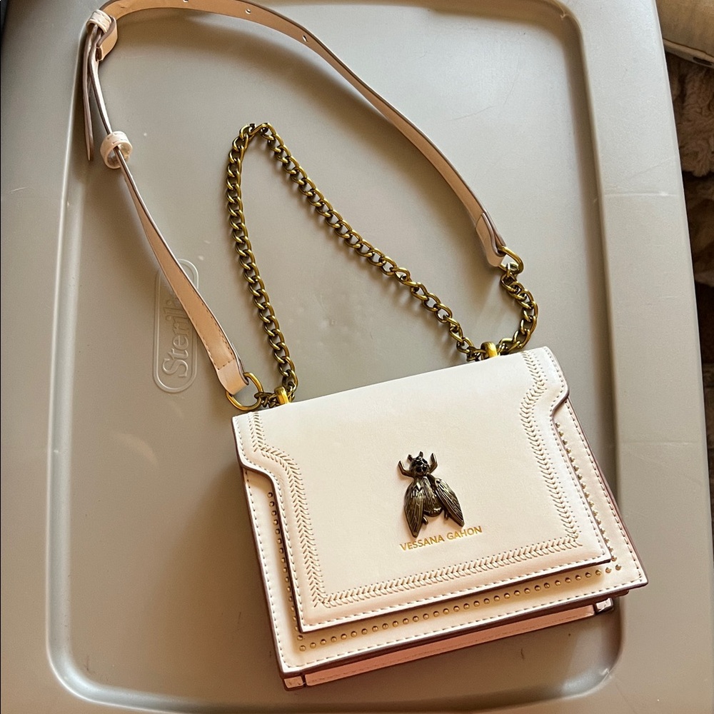 Cream Leather Crossbody Bag with Decorative Beetle